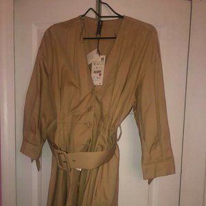 Zara 3/4 Sleeve Khaki Solid Blouse With Belt